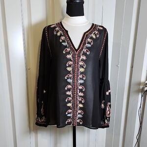 Lilly Pulitzer Black Sheer Blouse with Colorful Embroidery Size XS